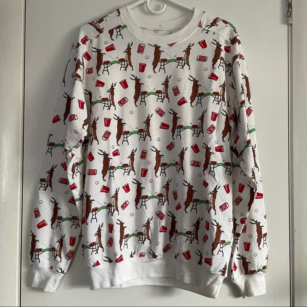 Spencers DEER PONG Ugly Christmas Pullover Sweater - Picture 2 of 5